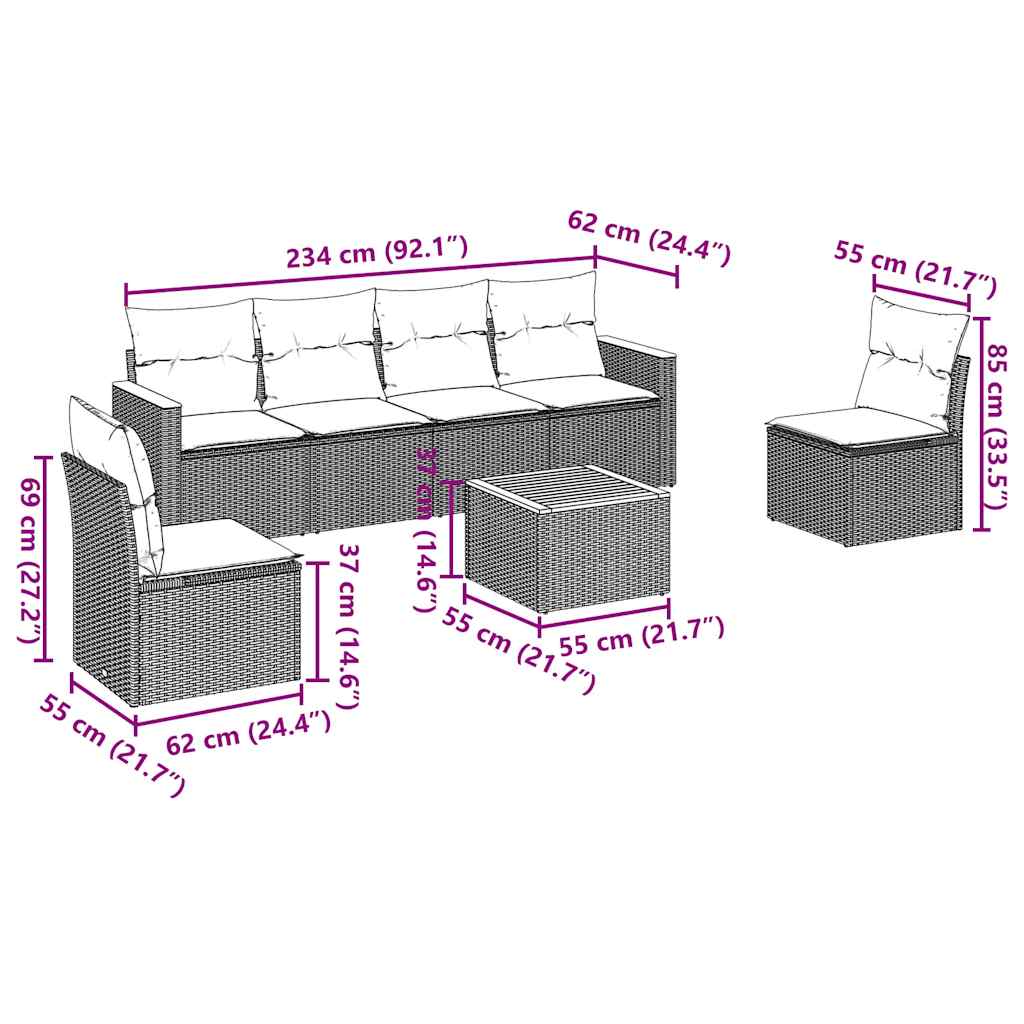 7 Piece Garden Sofa Set with Cushions Black Poly Rattan
