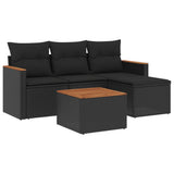 5 Piece Garden Sofa Set with Cushions Black Poly Rattan - Front View