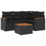 5 Piece Garden Sofa Set with Cushions Black Poly Rattan - Front View