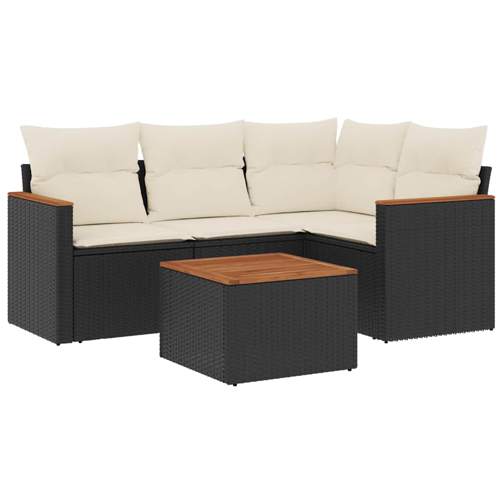 5 Piece Garden Sofa Set with Cushions Black Poly Rattan