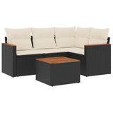 5 Piece Garden Sofa Set with Cushions Black Poly Rattan - Front View