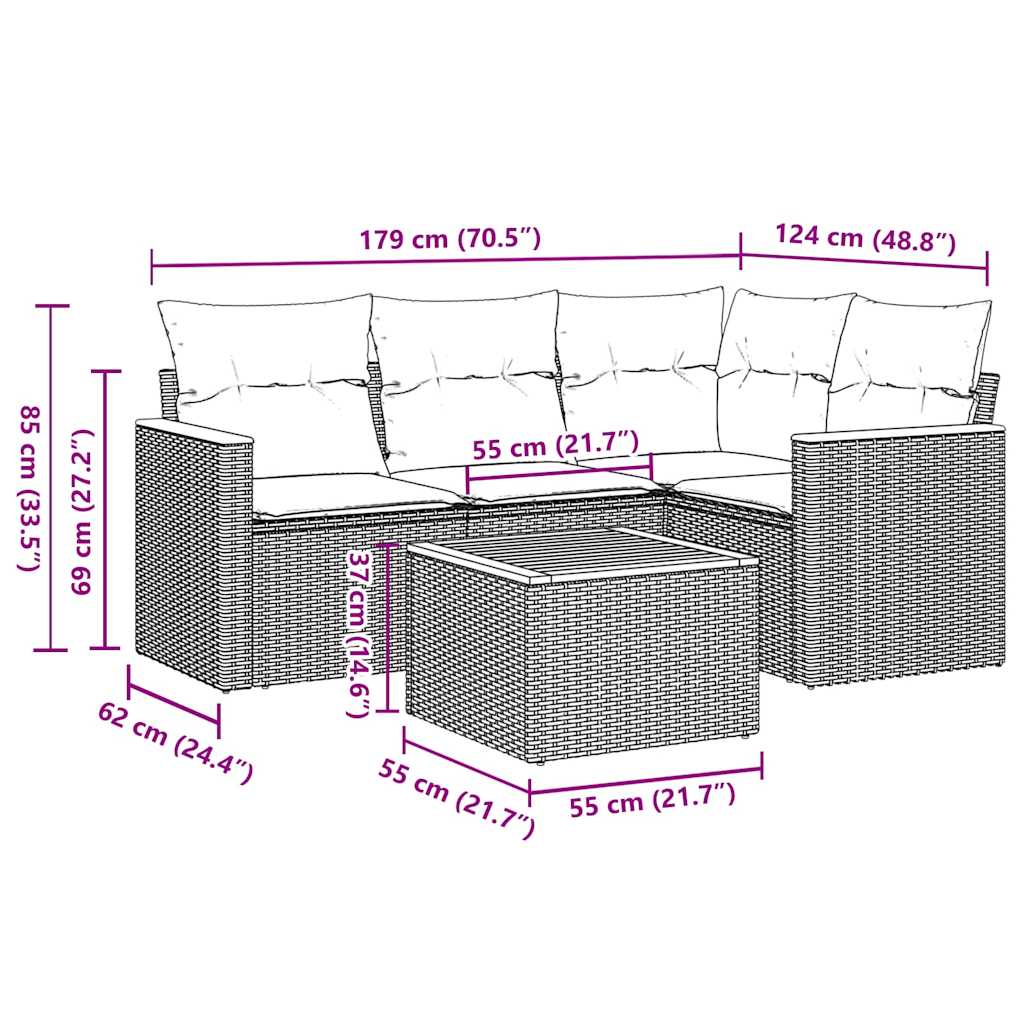 5 Piece Garden Sofa Set with Cushions Black Poly Rattan