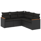 5 Piece Garden Sofa Set with Cushions Black Poly Rattan - Front View