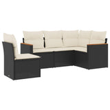 5 Piece Garden Sofa Set with Cushions Black Poly Rattan - Front View
