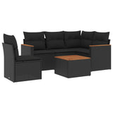 6 Piece Garden Sofa Set with Cushions Black Poly Rattan - Front View
