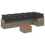 7 Piece Garden Sofa Set with Cushions Grey Poly Rattan - Front View