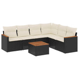7 Piece Garden Sofa Set with Cushions Black Poly Rattan - Front View