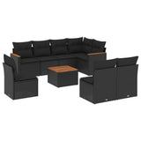 9 Piece Garden Sofa Set with Cushions Black Poly Rattan - Front View