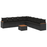 10 Piece Garden Sofa Set with Cushions Black Poly Rattan - Front View