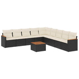 10 Piece Garden Sofa Set with Cushions Black Poly Rattan - Front View