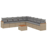 10 Piece Garden Sofa Set with Cushions Beige Poly Rattan - Front View