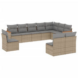 10 Piece Garden Sofa Set with Cushions Beige Poly Rattan - Front View