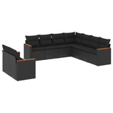 9 Piece Garden Sofa Set with Cushions Black Poly Rattan - Front View