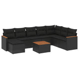 9 Piece Garden Sofa Set with Cushions Black Poly Rattan - Front View