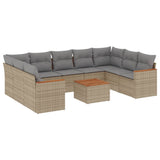 10 Piece Garden Sofa Set with Cushions Beige Poly Rattan - Front View