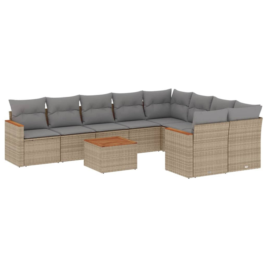 10 Piece Garden Sofa Set with Cushions Beige Poly Rattan