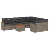 10 Piece Garden Sofa Set with Cushions Grey Poly Rattan - Front View