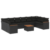 11 Piece Garden Sofa Set with Cushions Black Poly Rattan - Front View