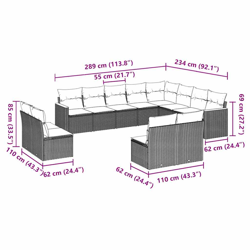 12 Piece Garden Sofa Set with Cushions Black Poly Rattan