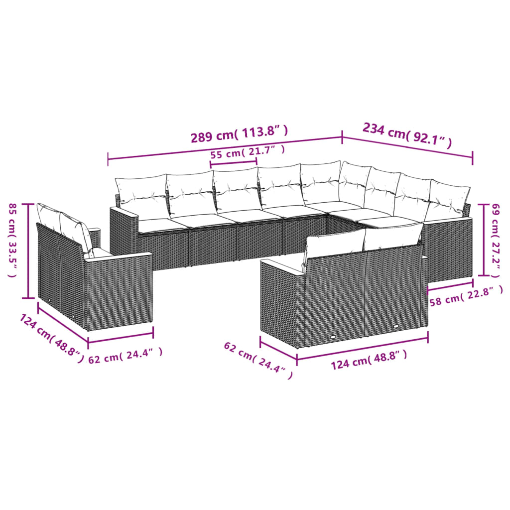 12 Piece Garden Sofa Set with Cushions Grey Poly Rattan