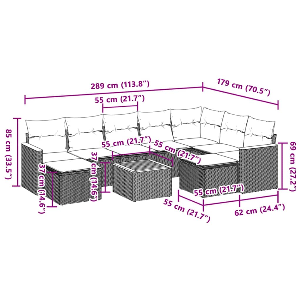 10 Piece Garden Sofa Set with Cushions Grey Poly Rattan
