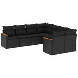8 Piece Garden Sofa Set with Cushions Black Poly Rattan - Front View