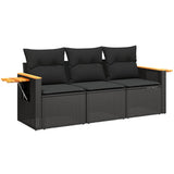 3 Piece Garden Sofa Set with Cushions Black Poly Rattan - Front View