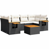 7 Piece Garden Sofa Set with Cushions Black Poly Rattan - Front View