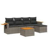 6 Piece Garden Sofa Set with Cushions Grey Poly Rattan - Front View