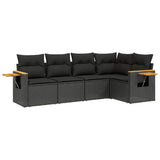 5 Piece Garden Sofa Set with Cushions Black Poly Rattan - Front View