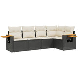 5 Piece Garden Sofa Set with Cushions Black Poly Rattan - Front View