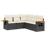 5 Piece Garden Sofa Set with Cushions Black Poly Rattan - Front View