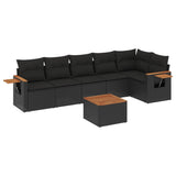 7 Piece Garden Sofa Set with Cushions Black Poly Rattan - Front View