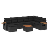 9 Piece Garden Sofa Set with Cushions Black Poly Rattan - Front View