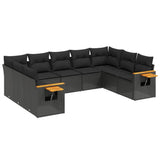 9 Piece Garden Sofa Set with Cushions Black Poly Rattan - Front View