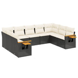 9 Piece Garden Sofa Set with Cushions Black Poly Rattan - Front View