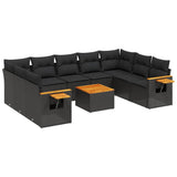 10 Piece Garden Sofa Set with Cushions Black Poly Rattan - Front View