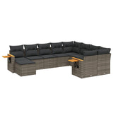 10 Piece Garden Sofa Set with Cushions Grey Poly Rattan - Front View