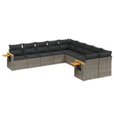 10 Piece Garden Sofa Set with Cushions Grey Poly Rattan - Front View