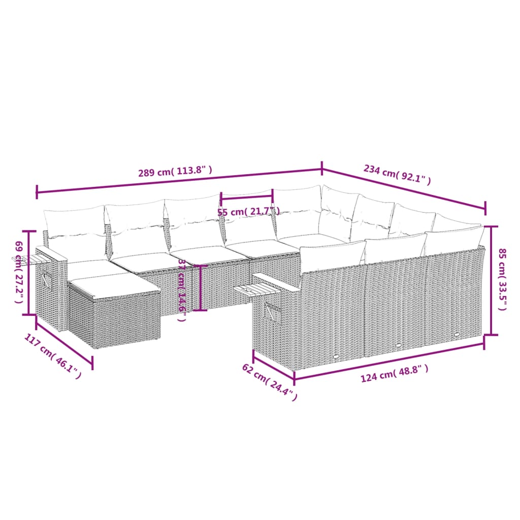 11 Piece Garden Sofa Set with Cushions Grey Poly Rattan