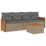 5 Piece Garden Sofa Set with Cushions Beige Poly Rattan - Front View