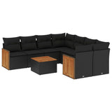 9 Piece Garden Sofa Set with Cushions Black Poly Rattan - Front View
