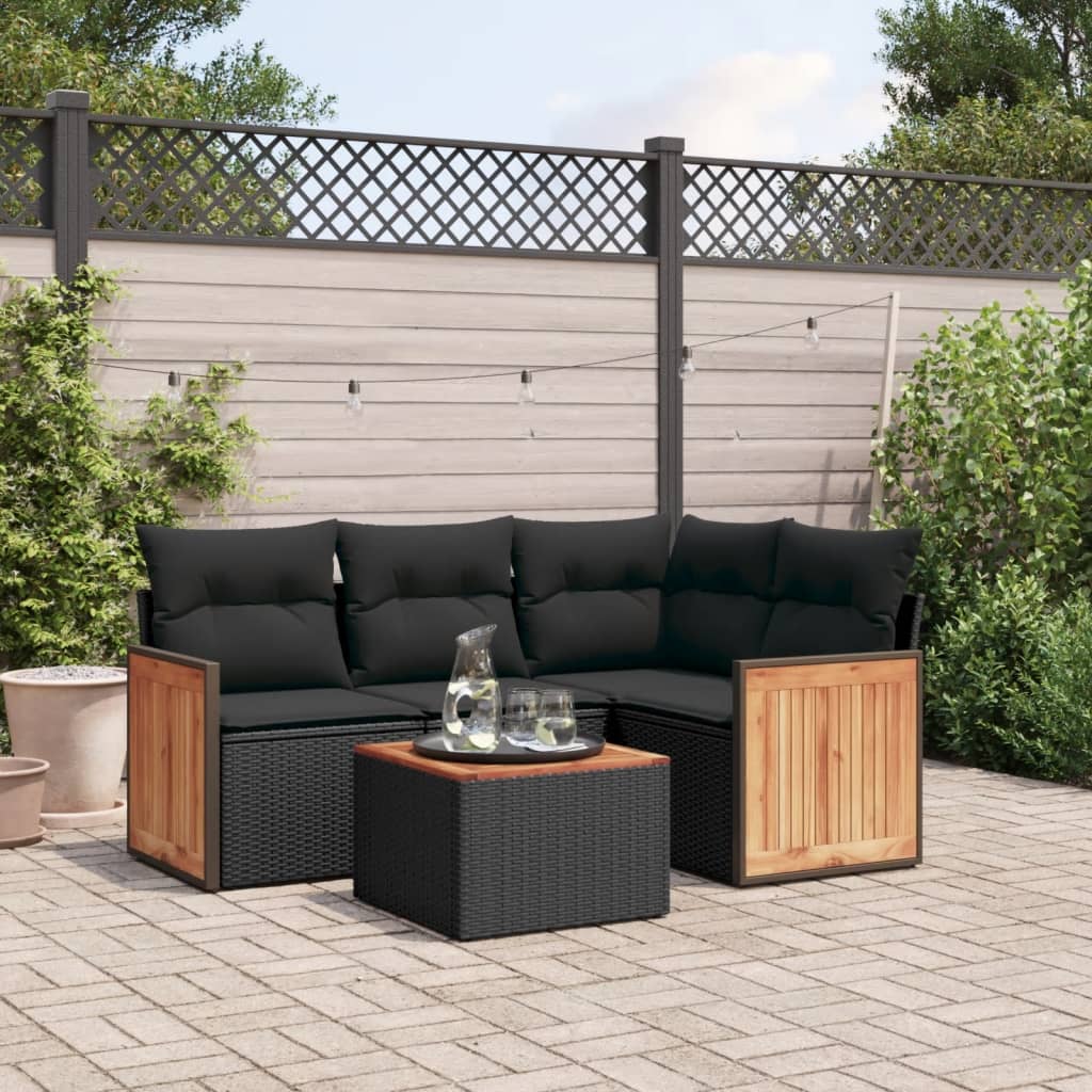 5 Piece Garden Sofa Set with Cushions Black Poly Rattan