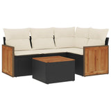 5 Piece Garden Sofa Set with Cushions Black Poly Rattan - Front View
