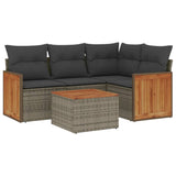 5 Piece Garden Sofa Set with Cushions Grey Poly Rattan - Front View