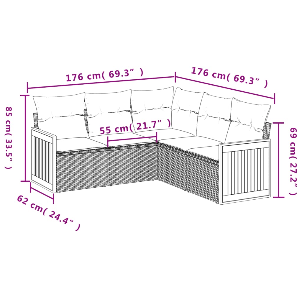 5 Piece Garden Sofa Set with Cushions Black Poly Rattan