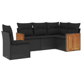 5 Piece Garden Sofa Set with Cushions Black Poly Rattan - Front View
