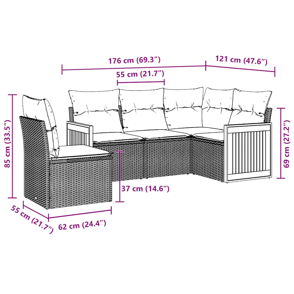 5 Piece Garden Sofa Set with Cushions Black Poly Rattan