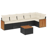 7 Piece Garden Sofa Set with Cushions Black Poly Rattan - Front View