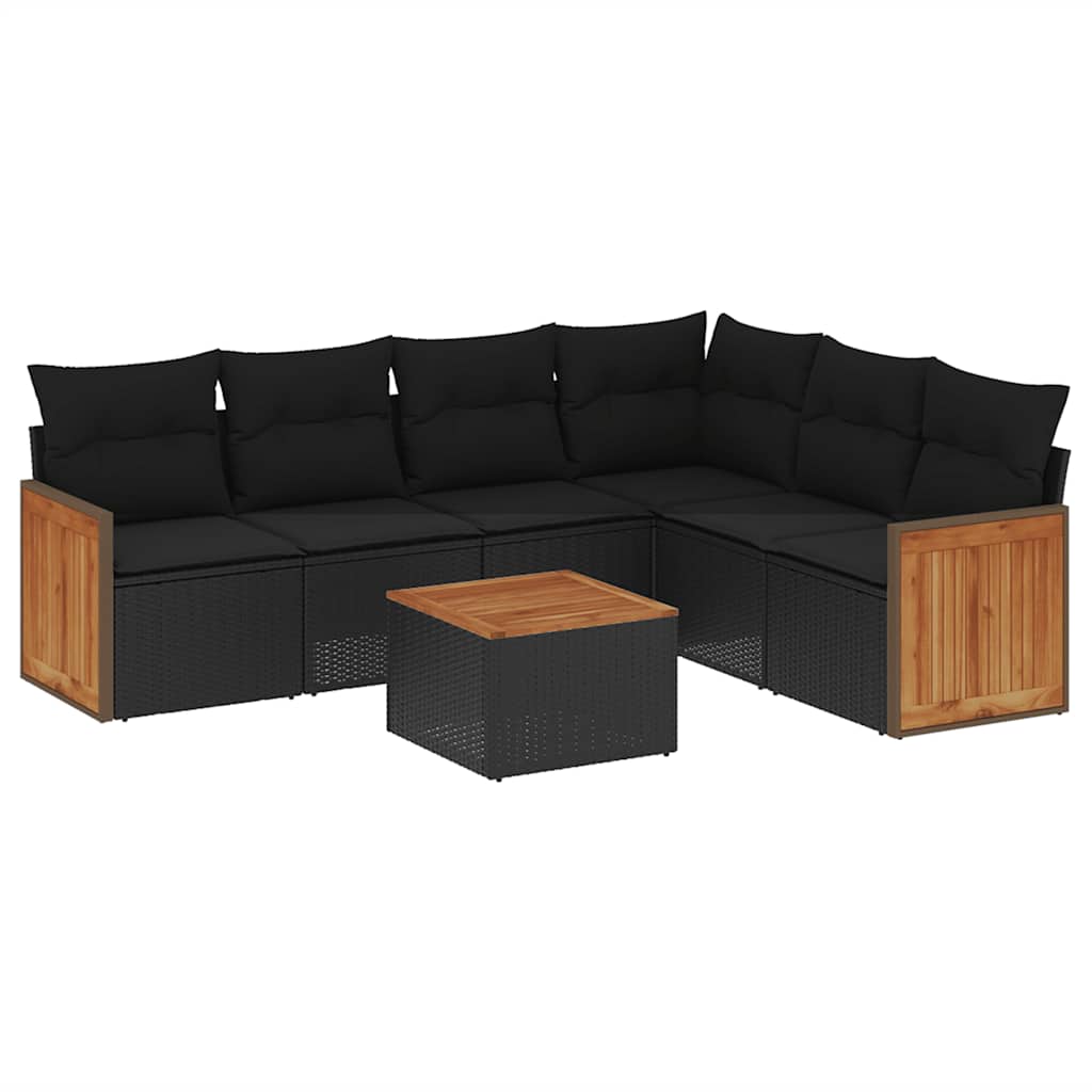 7 Piece Garden Sofa Set with Cushions Black Poly Rattan